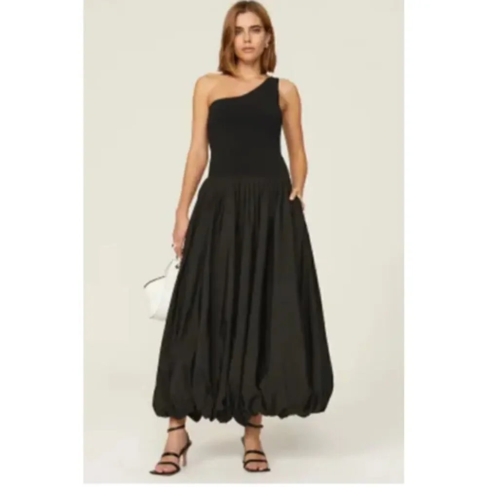 Derek Lam 10 Crosby Dune Balloon Dress One Shoulder Midi Black L